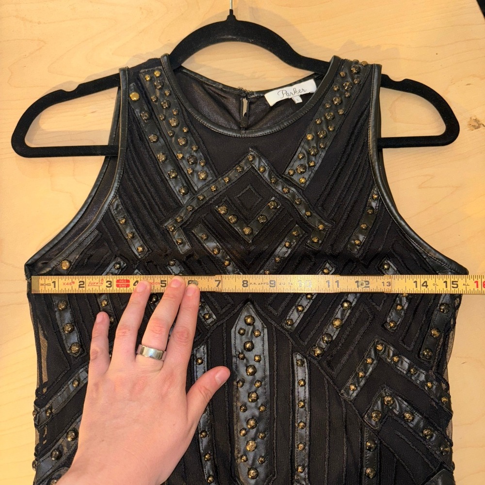Parker Rodan Dress Sz L Black Studded Sleeveless Bodycon Mini Goth Clubwear - Picture 9 of 12